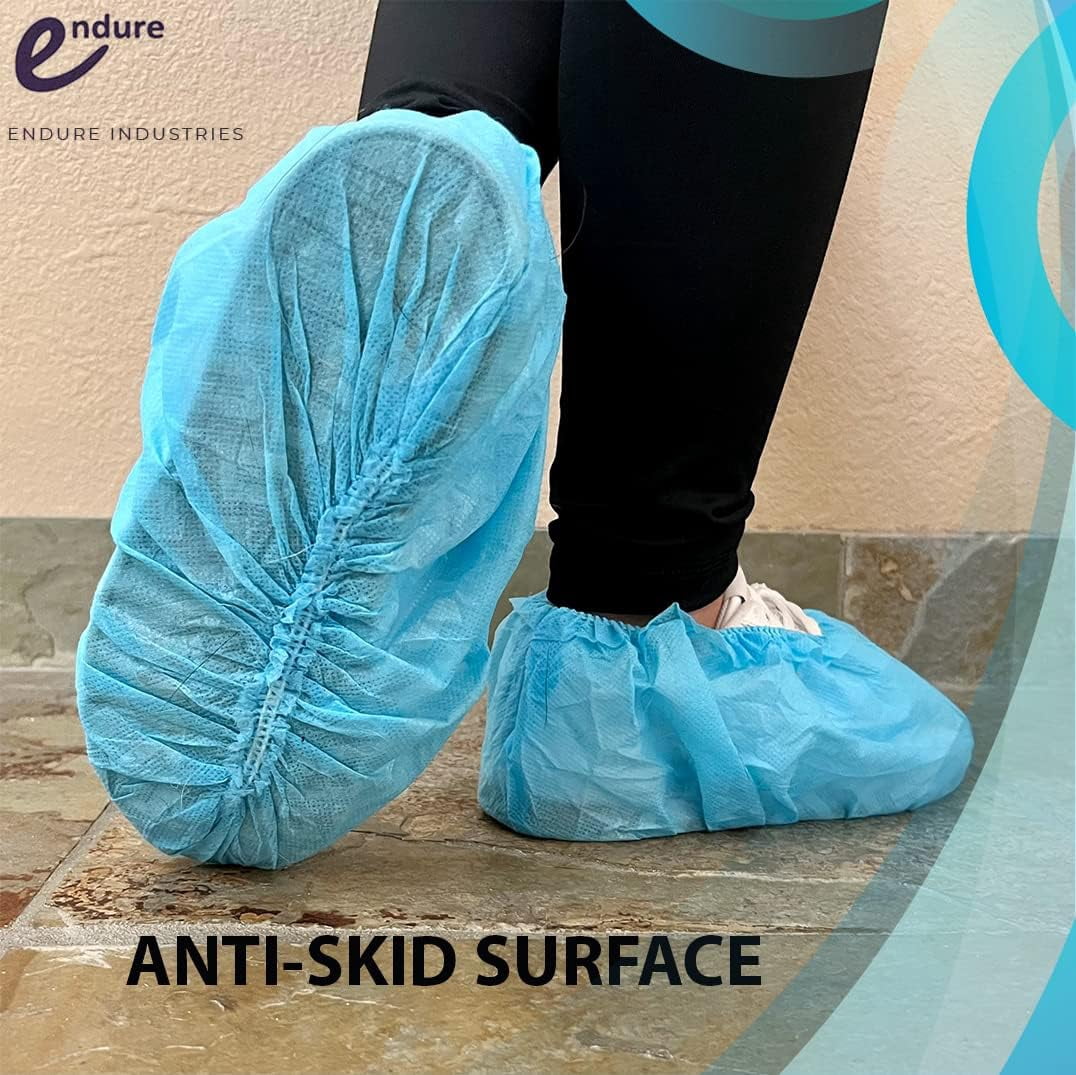Endure Medical Supply Combo, Disposable Bouffant Cap 24” Pack of 100, Anti-Skid Shoe Cover Blue Pack of 100, Disposable Blue Ear Loop Face Mask Pack of 50 & Face Shield Pack of 5