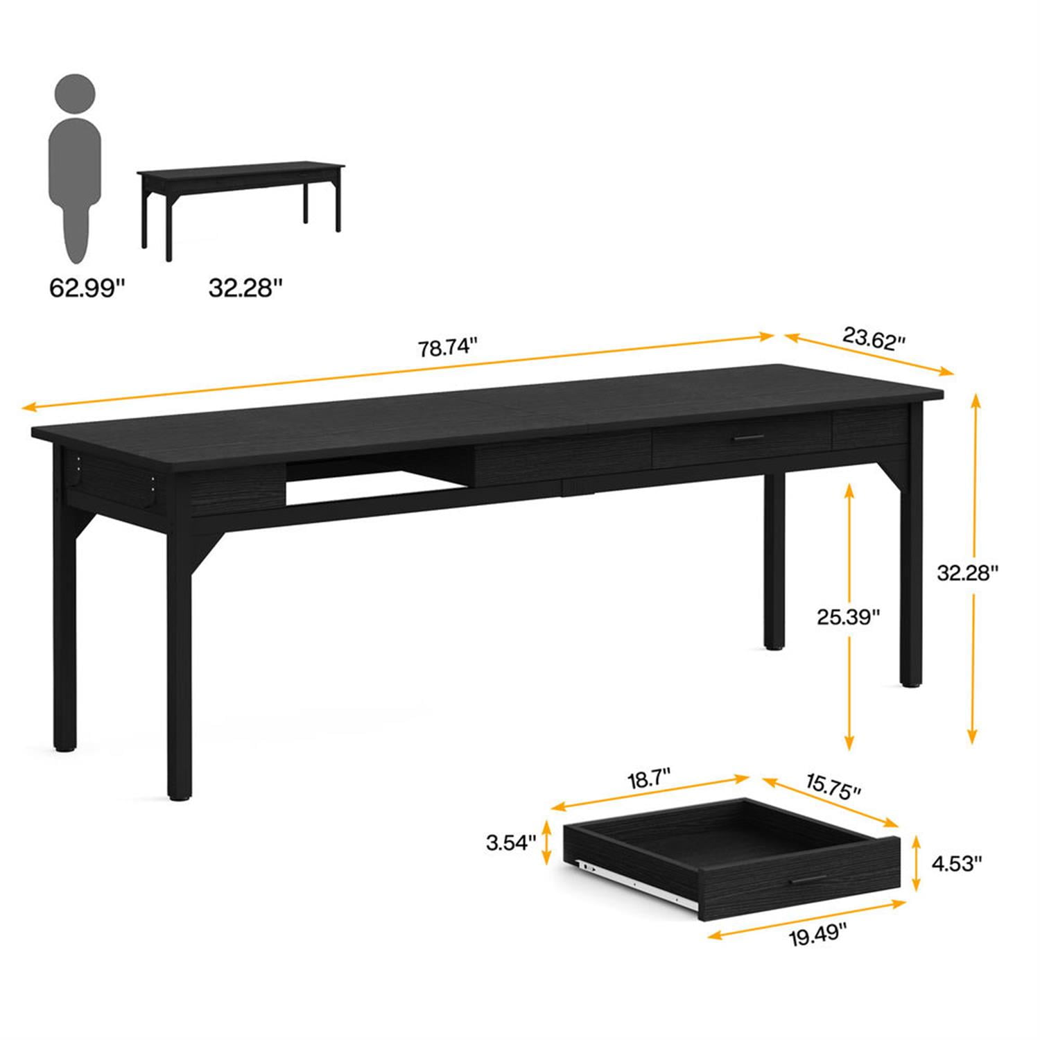 Demi Bonn 78" Industrial Two Computer Desk with 2 Drawers, Modern Double Study Writing Gaming Table for Home Office, Black