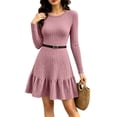 thumbnail image 2 of Sweater Dress for Women Long Sleeve Round Neck Dresses Elegant A-Line Knitted Swing Dress for Fall Winter Pink M, 2 of 7