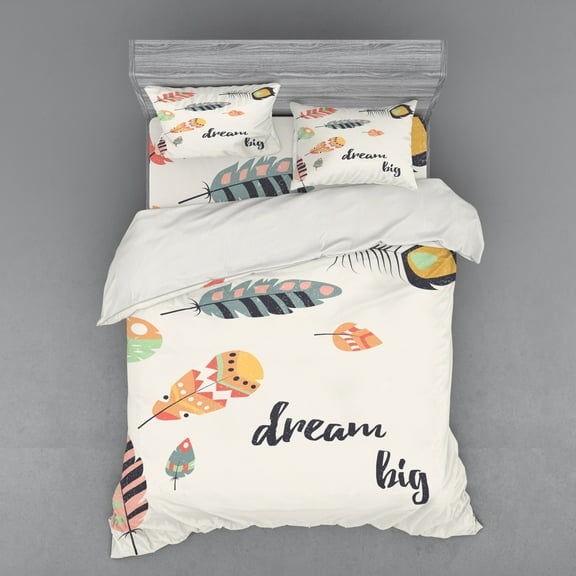 Saying Duvet Cover Set, Bohemian Culture Feathers with Motivational Dream Big Message Hippie, Bedding Set with Shams and Fitted Sheet, 3 Sizes, by Ambesonne