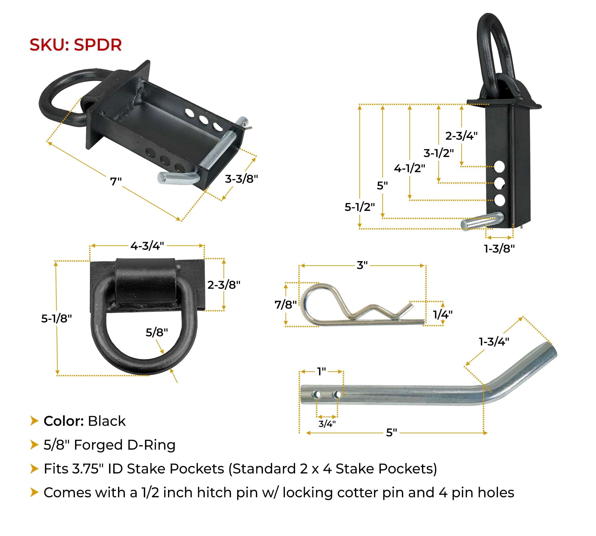 8 Pack 5/8 Inch Stake Pocket D Rings, 18000 lbs | Heavy Duty Adjustable Trailer Stake Pocket Tie Down Utility for Flatbed Trucks & Trailer w/ Hitch Pin,  4 Holes for Adjustment