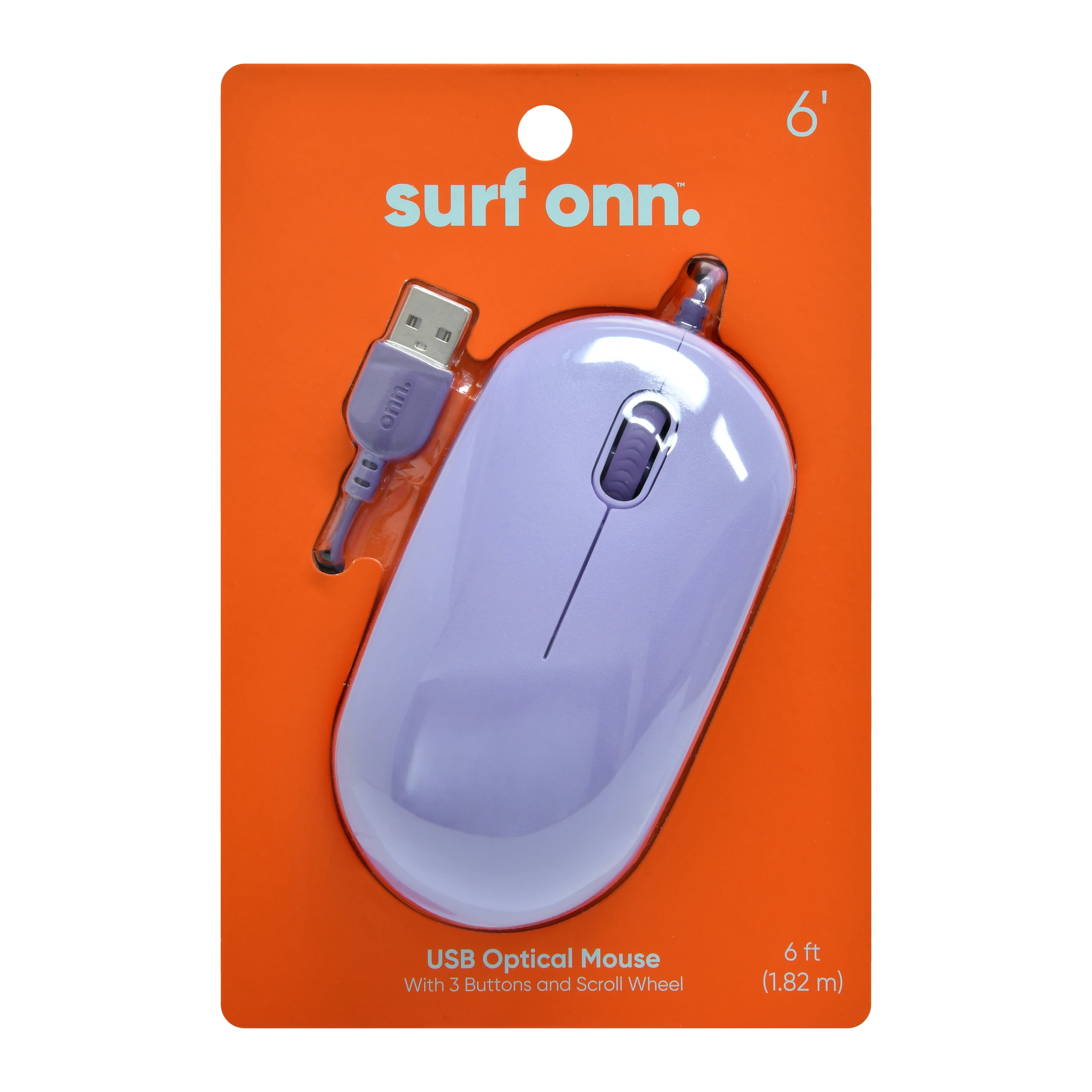 onn. USB Optical Ambidextrous Mouse, attached USB cable 6 ft (1.8 m) , Lavender