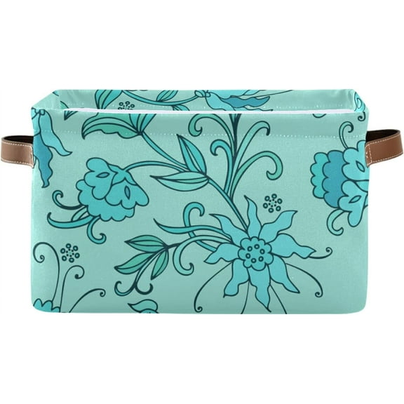 GZHJMY 2 Pack Collapsible Organizer Storage Bins with Birds on Turquoise Background Cute Print,14.2"x10.2" Rectangular Fabric Baskets with Sturdy Leather Handles for Home/Office/Bathroom