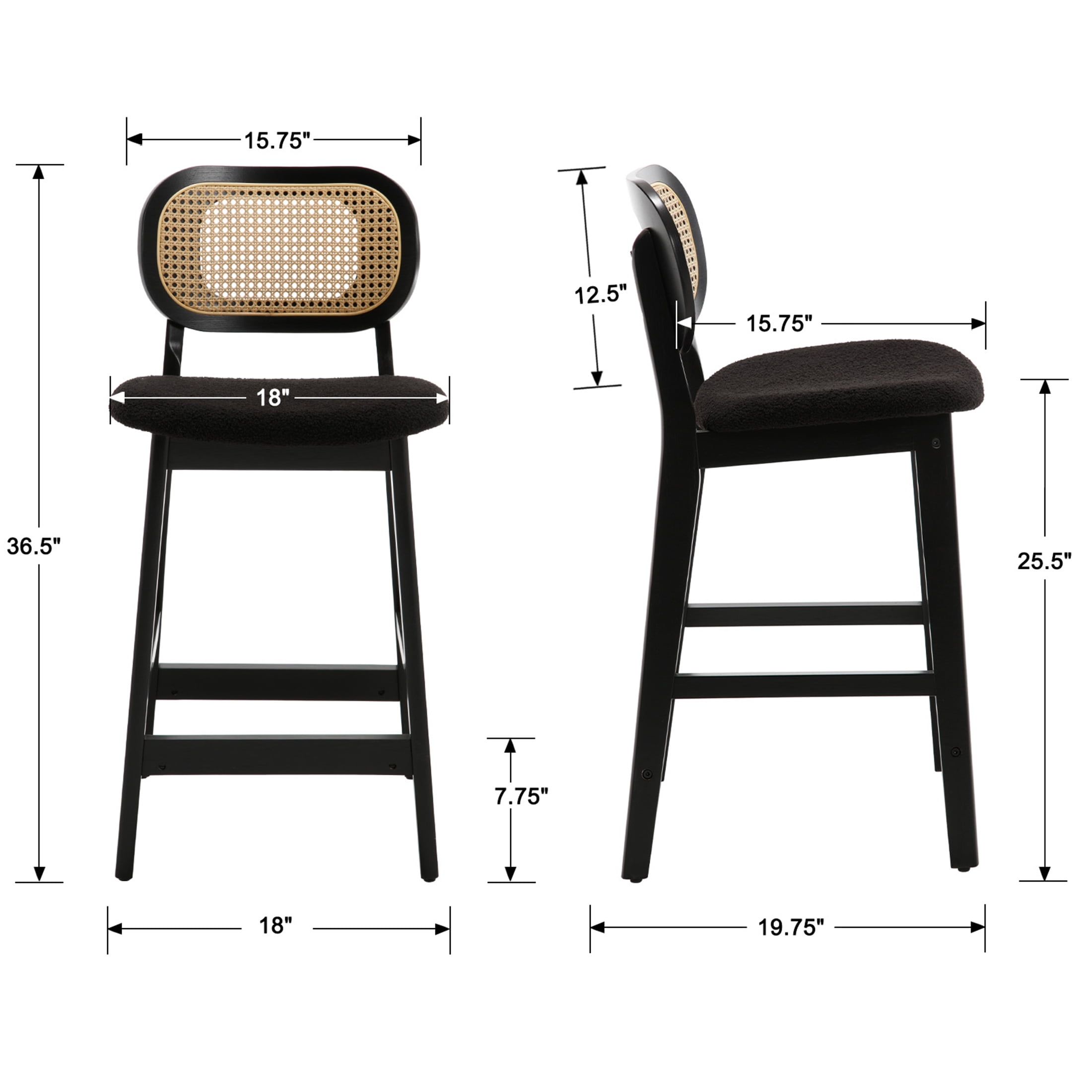 Guyou Rattan Counter Height Bar Stools Set of 2, Mid-Century Modern Wooden Farmhouse Bar Stools, Sherpa Upholstered Kitchen Island Barstools for Breakfast Bar Bistro, Black