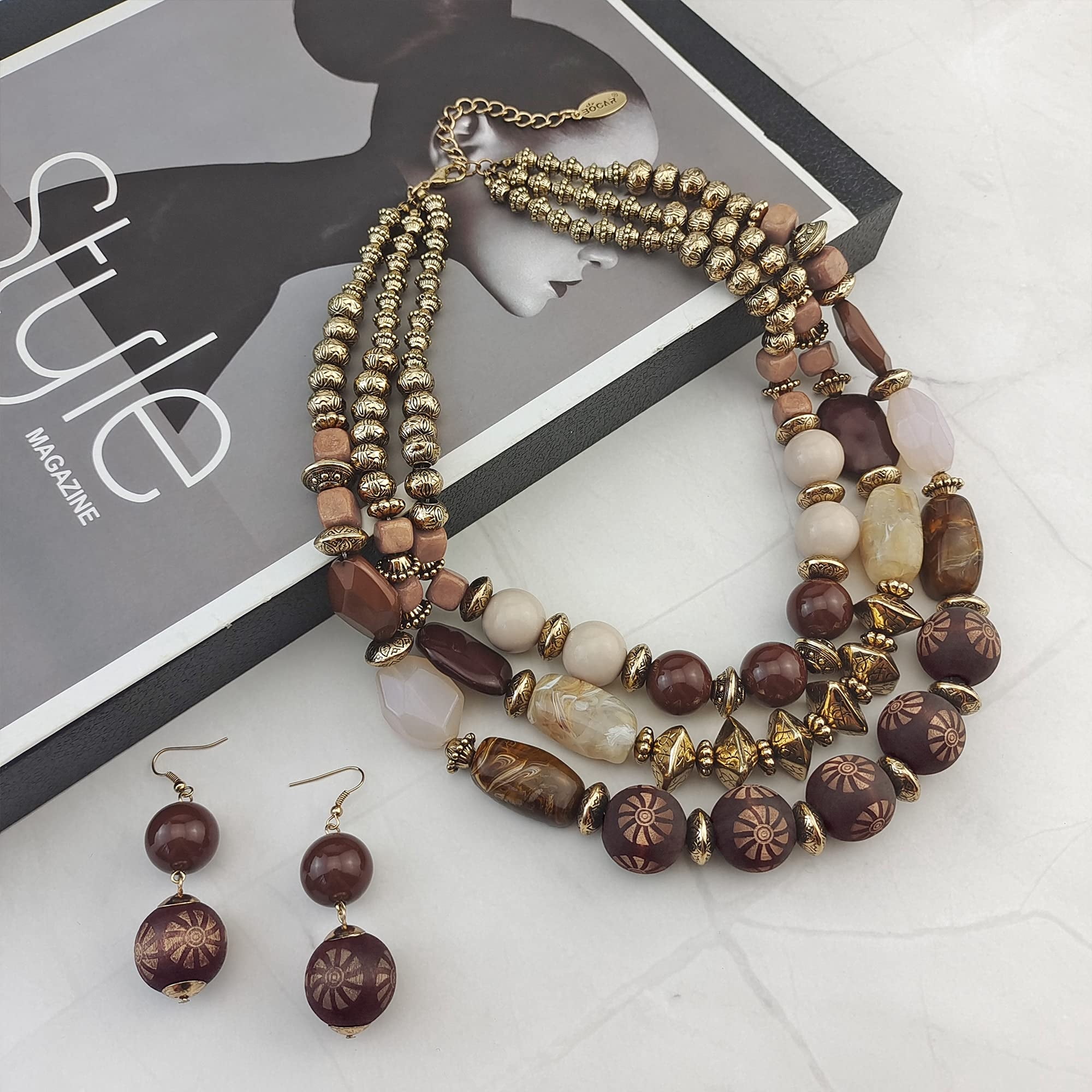 Bocar 3 Layer Chunky Statement Beaded Necklace and Earrings Set, Fashion Multi Layer Women Collar Necklace Jewelry Set (NK-10625-Brown Set)