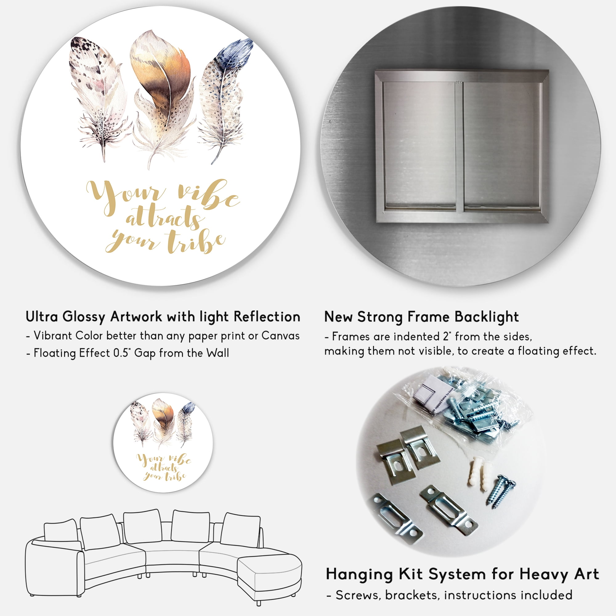 Designart 'Multicolored Ethnic Art Feathers With Inspiring Quote' Bohemian & Eclectic Circle Metal Wall Art 23x23 - Disc of 23