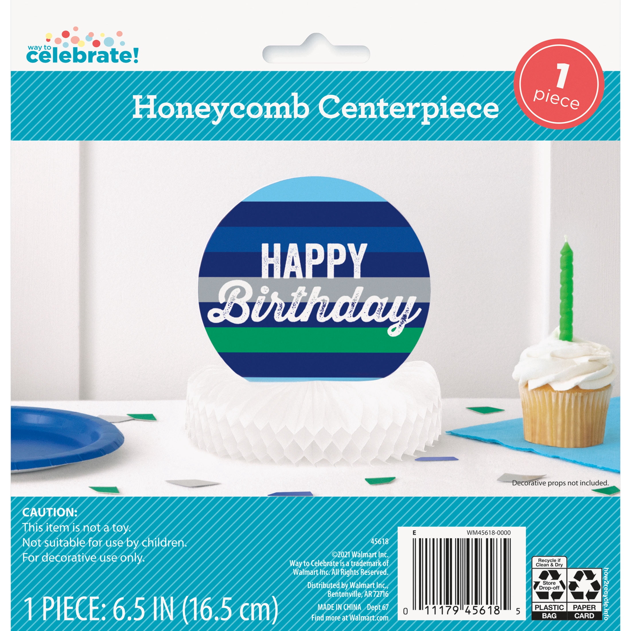 Way to Celebrate! Green & Blue Stripes Birthday Centerpiece, 6in