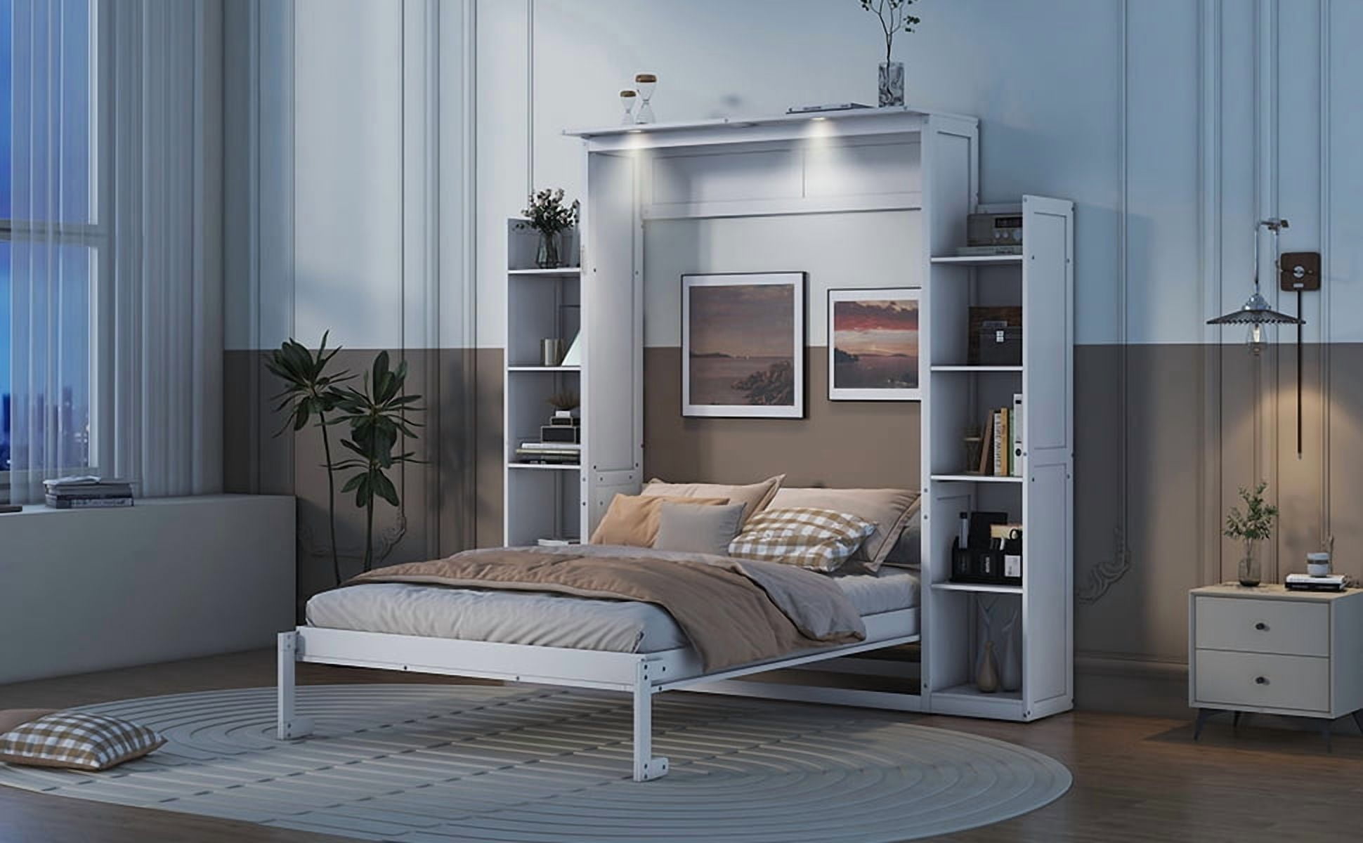 Mintazer Full Murphy Bed with Side Shelves & LED Lights, Modern Foldable Wall Bed for Bedroom Apartment Guest Room, White