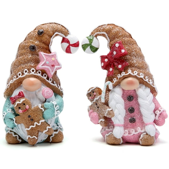 Hodao Christmas Gingerbread Gnome Figurines Set of 2 | Handmade Resin Christmas Decorations | Candy & Cookie Theme | Holiday Tiered Tray/Kitchen/Fireplace/Desktop Decor