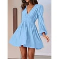 thumbnail image 6 of Mini Deep V Long Sleeve Dress for Women A-Line High Waisted Casual Flowy Dress for Wedding Guest Light Blue S, 6 of 8