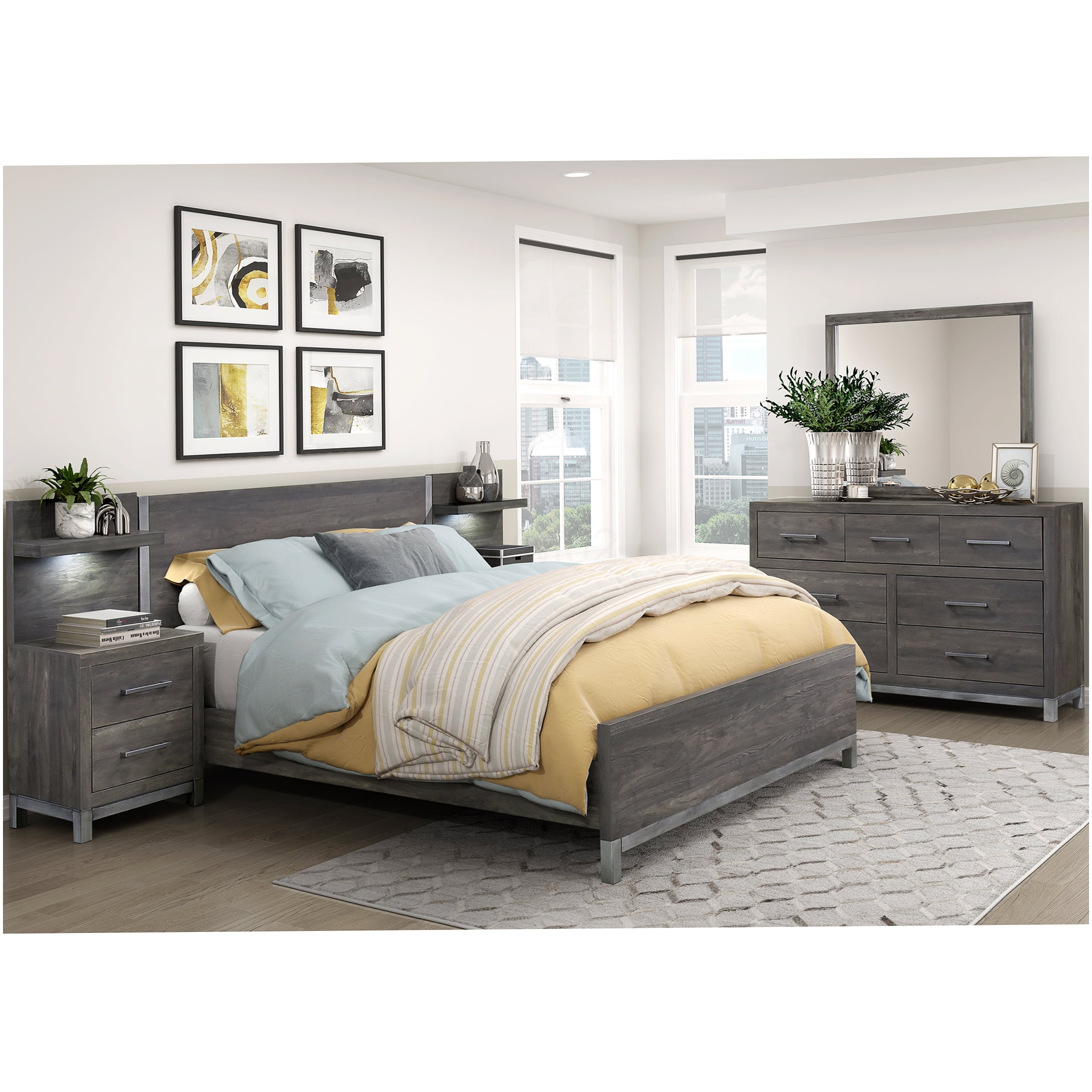 Modern Low Profile Queen Platform Bed Frame with Upholstered Headboard, Silver Metal Accents, Scratch Resistant Surface, No Box Spring Needed