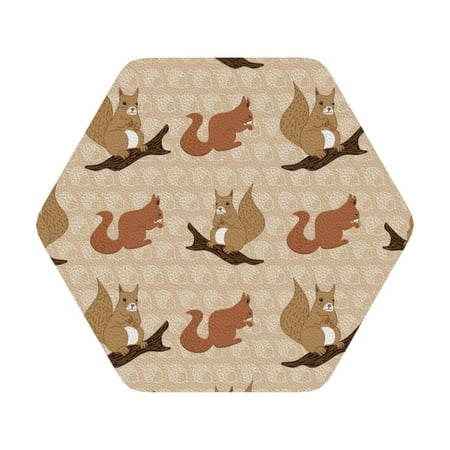 

Coaee Cartoon Squirrel Print Leather Coasters Set of 6 Non-Slip Washable Cup Coasters for Home Office Bar Hexagon