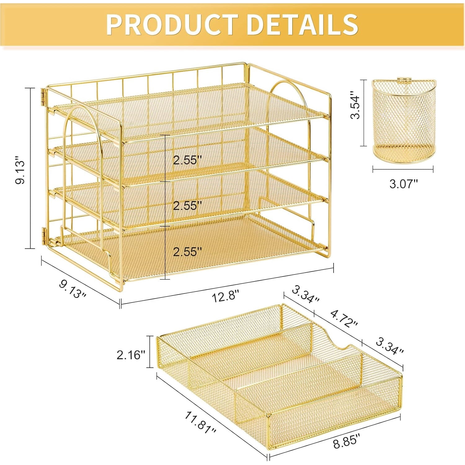 Paper Letter Tray Organizer with File Holder, 4-Tier Desk Accessories & Workspace Desk Organizers with Drawer and 2 Pen Holder for Office Supplies (Gold)