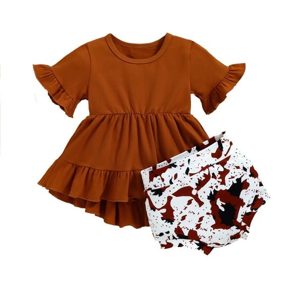 Odeerbi Baby Boy Girl Clothes Toddler Outfit 2025 Fashion Solid Color Ruffles Short Sleeve Top Leopard Print Shorts Suit Brown