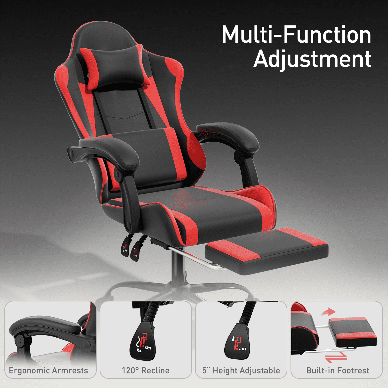 MoNiBloom Ergonomic Gaming Chair with Footrest, Adjustable Headrest and Lumbar Support for Office and Gaming, High-Back Racing Style Computer Desk Chair, Red (Wide Seat)