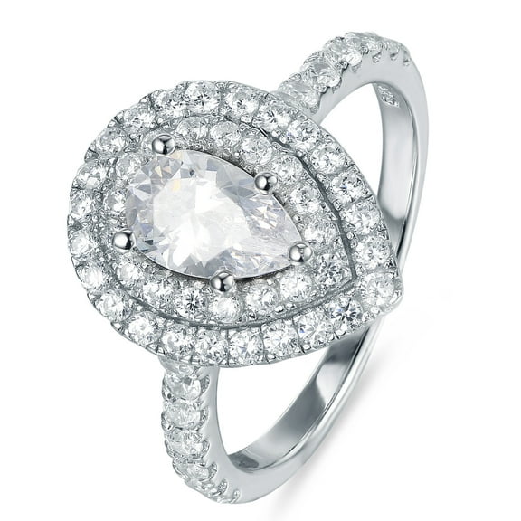 Pear Cut Diamond Ring, Pave Set Diamond Ring, Double Halo Diamond Engagement Wedding Ring, Solitaire With Accents Diamond Ring, 925 Sterling Silver, 2.4 Ct Simulated Diamond
