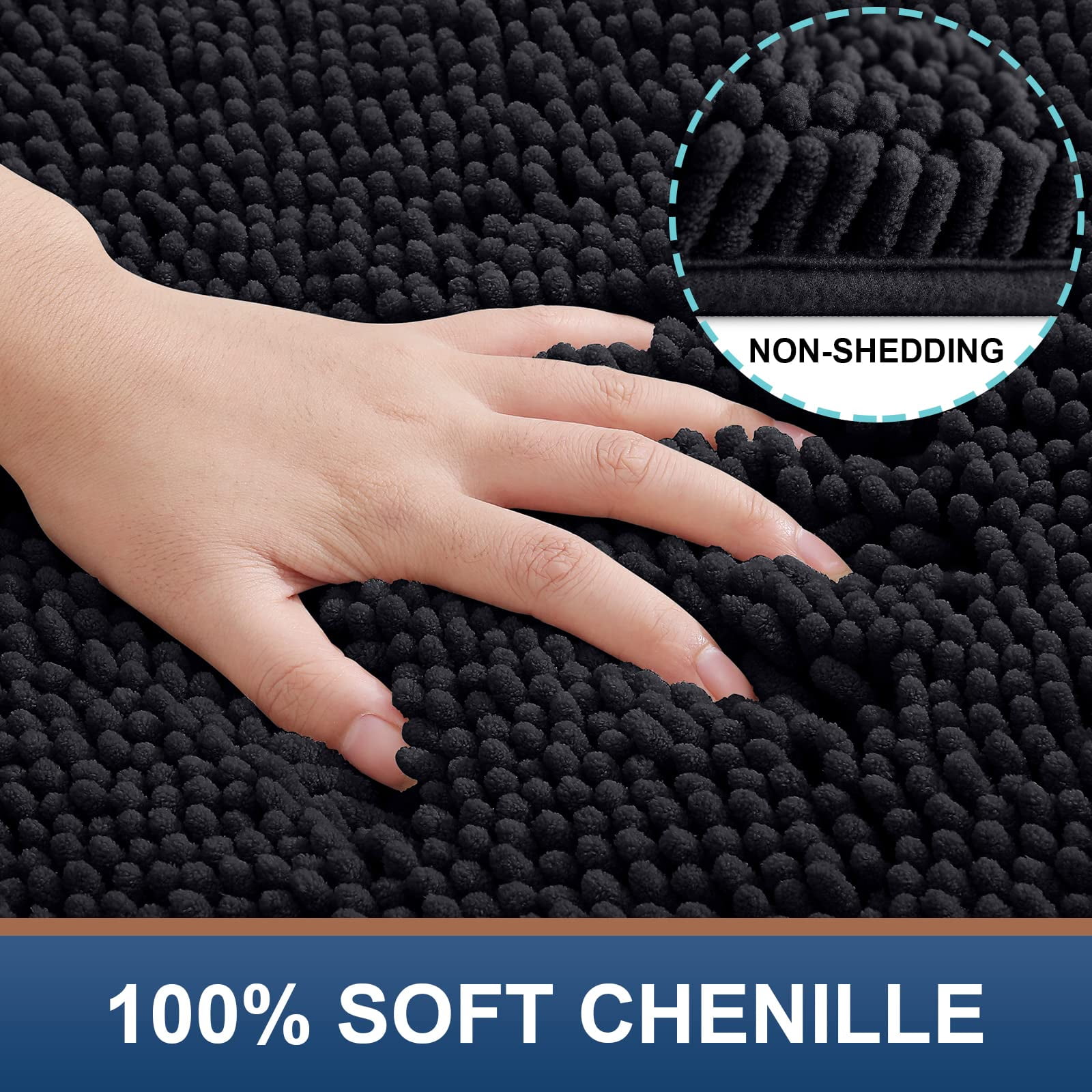 Smiry Chenille U-Shaped Toilet Bathroom Rugs, Soft Absorbent Non-Slip Contoured Carpet, Machine Washable Bathroom Mats, 20"X24", Black