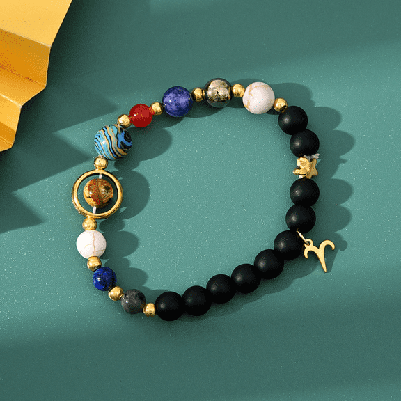 Z.LP Jewelry Solar System Beaded Bracelet with Zodiac Charm - Planetary Astronomy Bracelet for Space Lovers
