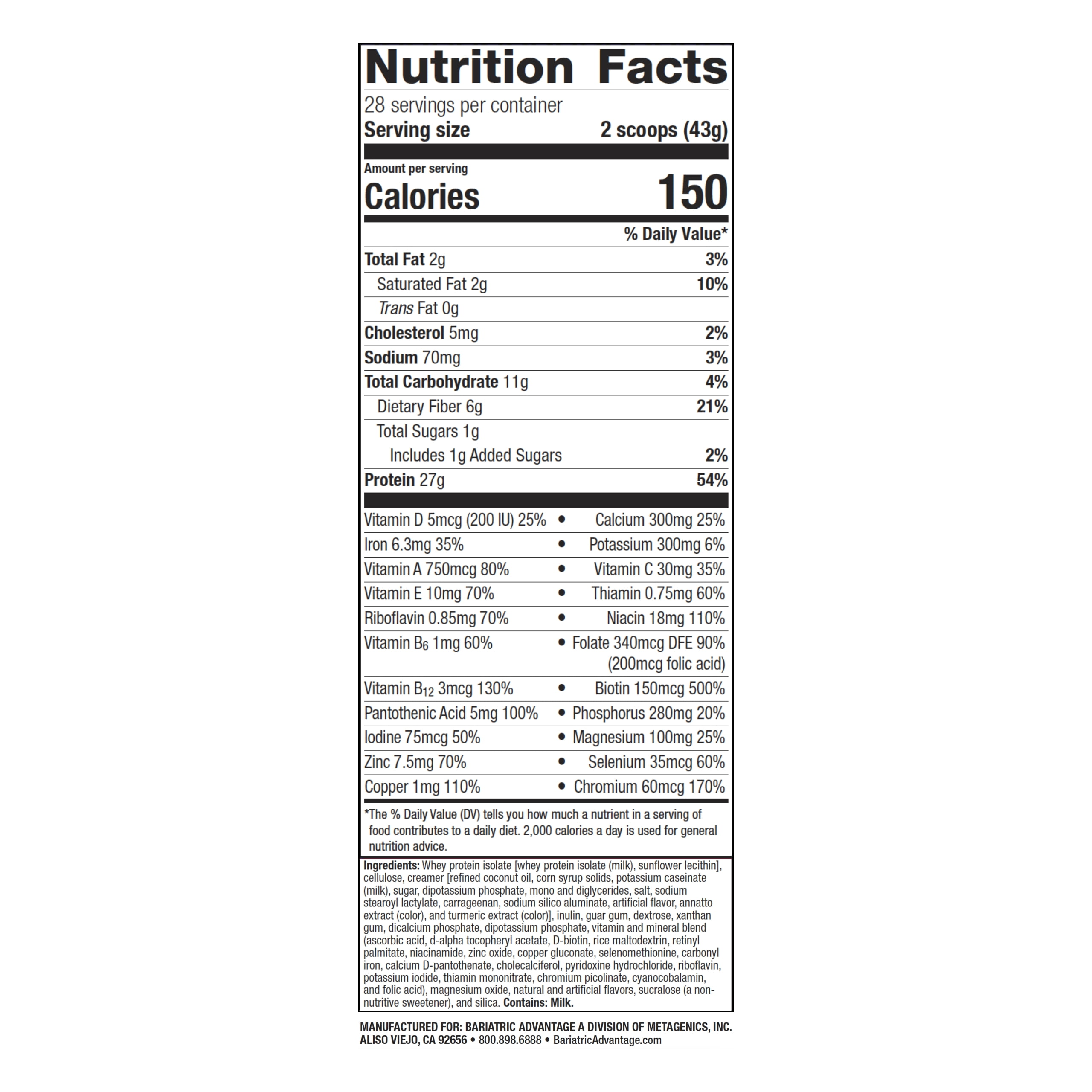 Bariatric Advantage High Protein Meal Replacement Drink Mix, Protein Powder Whey Isolate, 27g Protein, Lactose Free - Creme - 28 Servings