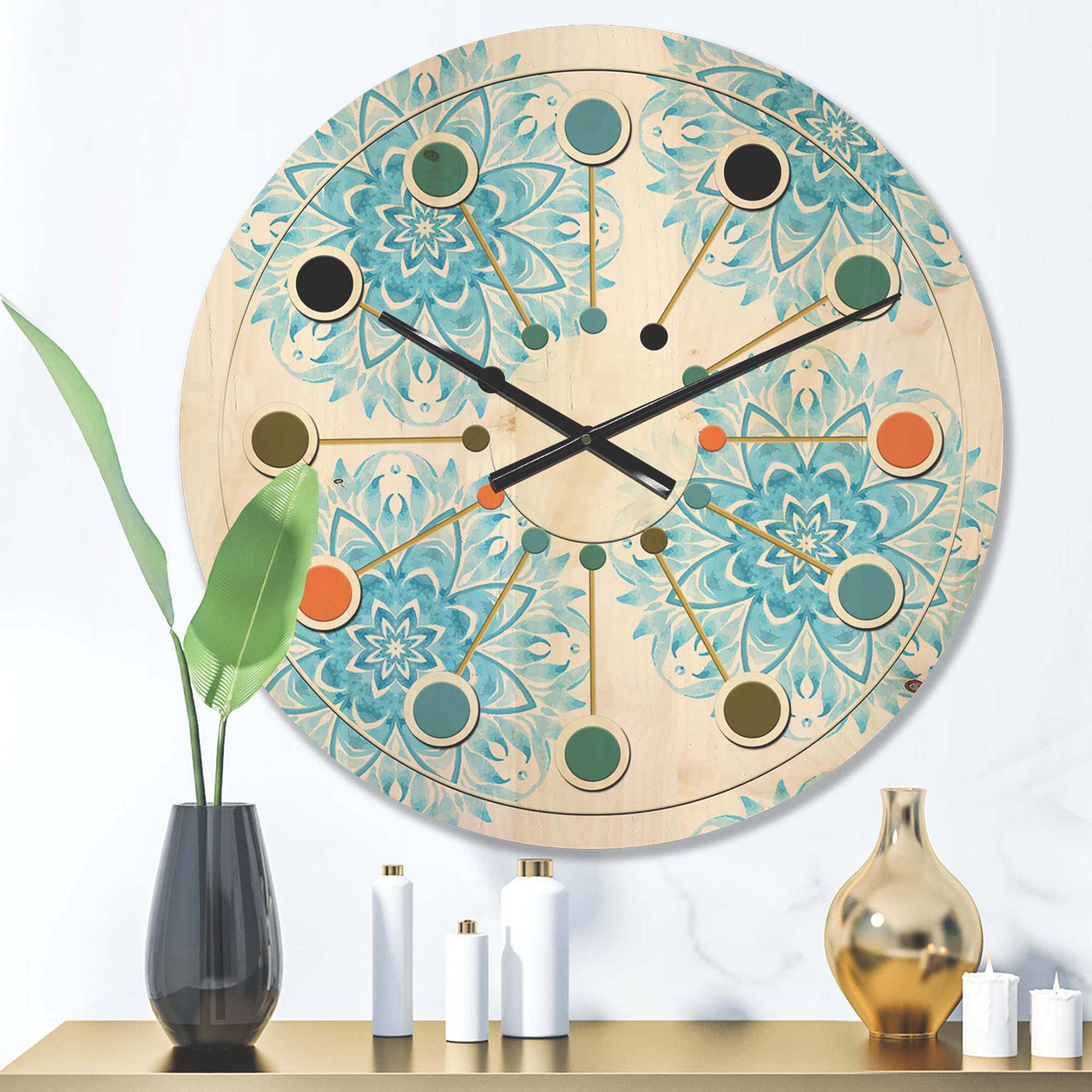 Designart 'Circular Retro Geometric In Blue' Mid-Century Modern Wood Wall Clock