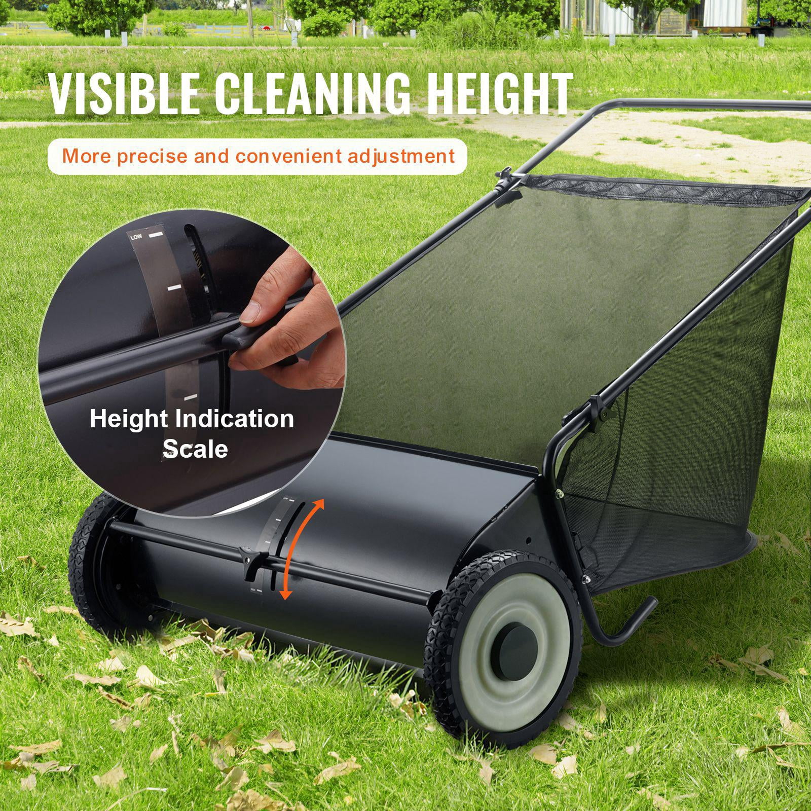 26 Inch Push Lawn Sweeper with 7 Cubic Foot Mesh Bag 4 Rotating Brushes Heavy Duty Steel Construction Durable Rubber Wheels