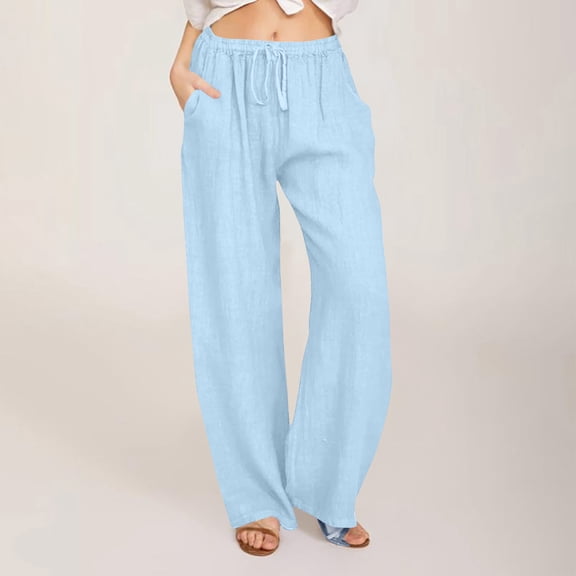oiangi Boho Pants for Women Summer Cotton Linen Trousers Drawstring Elastic Waist Beach Pant with Pockets Light Blue 2XL