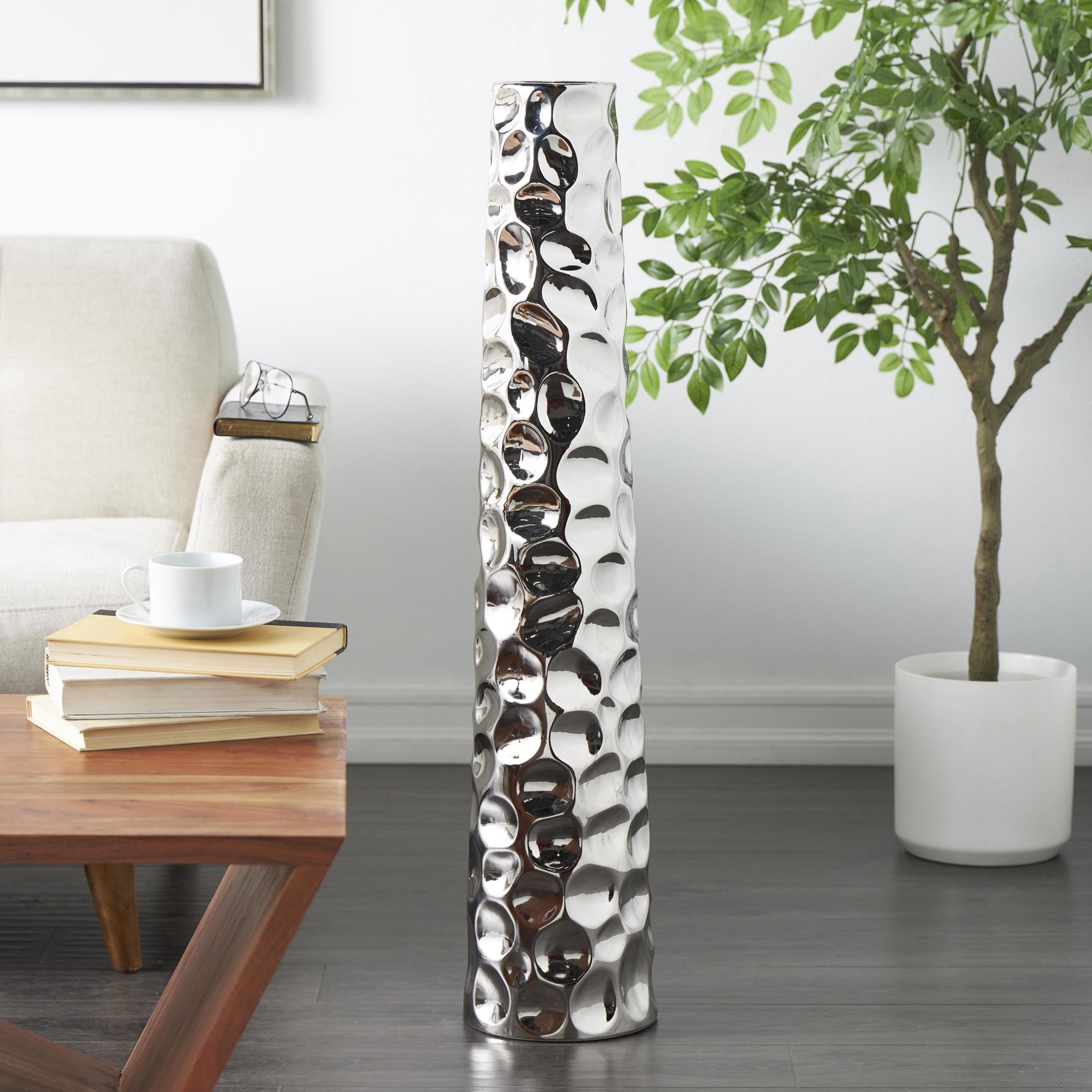DecMode 39" Geometric Bubble Silver Ceramic Vase with Concaved Circles