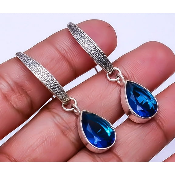 Blue Sapphire (Simulated) 925 Sterling Silver Handmade Earring 1.76" E934812246, Beautiful Jewelry For Woman, New Year Sale, Valentin's Day Gift