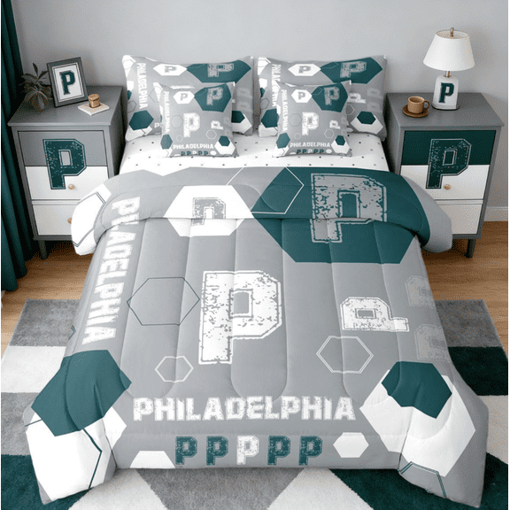 Manfei Letter P Monogrammed 7-Piece Twin Bedding Sets,Philadelphia Sport City Bedding Comforter Set,Gray Green White Sheet Sets For Boys Kids,Microfiber Room Decorative Reversible