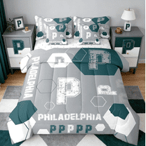 Manfei Letter P Monogrammed 7-Piece Twin Bedding Sets,Philadelphia Sport City Bedding Comforter Set,Gray Green White Sheet Sets For Boys Kids,Microfiber Room Decorative Reversible