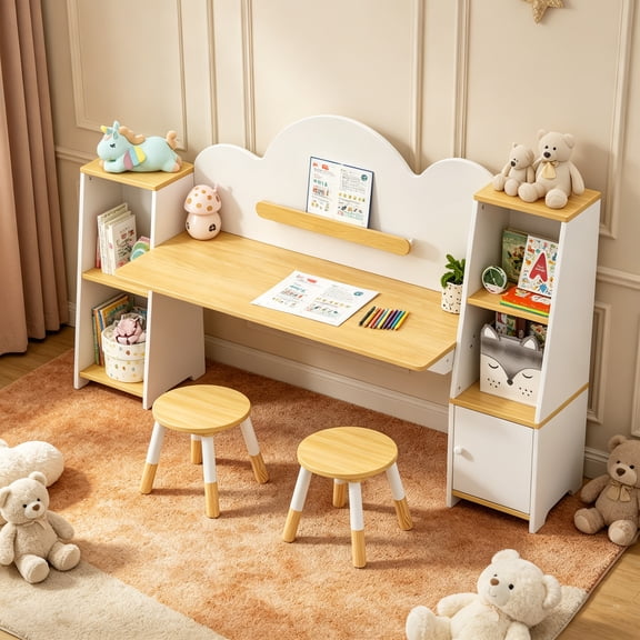 Guqiart Kids Study Desk with Bookshelves, 5 Storage Cabinets and 2 Stools, Wooden Desk Chair Set for Boys Girls Ages 3-8