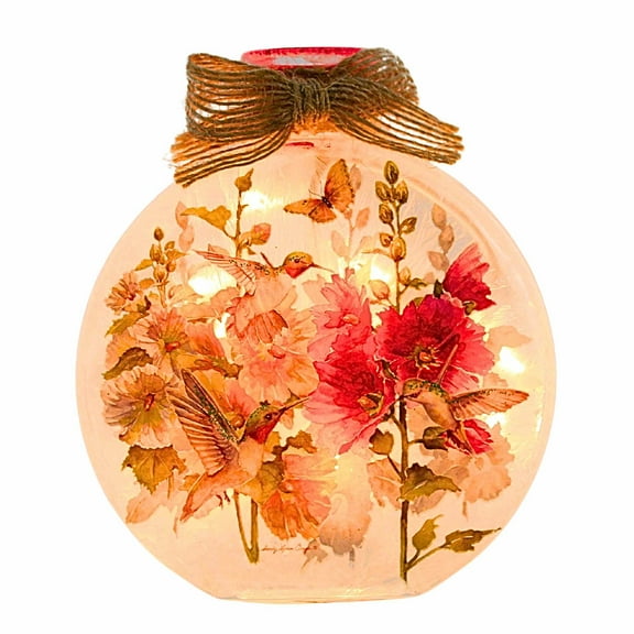 4.50In Hollyhocks Lit Round Jar W/Bow, Glass, Electric Flowers Mother's Day Lhh2217 Yellow