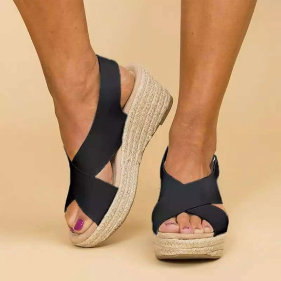 Women's Wedge Sandals, Peep-Toe Espadrille Style with Linen Wrap Wedge Heel, Summer Dressy Sandals for Wedding & Party Black 36