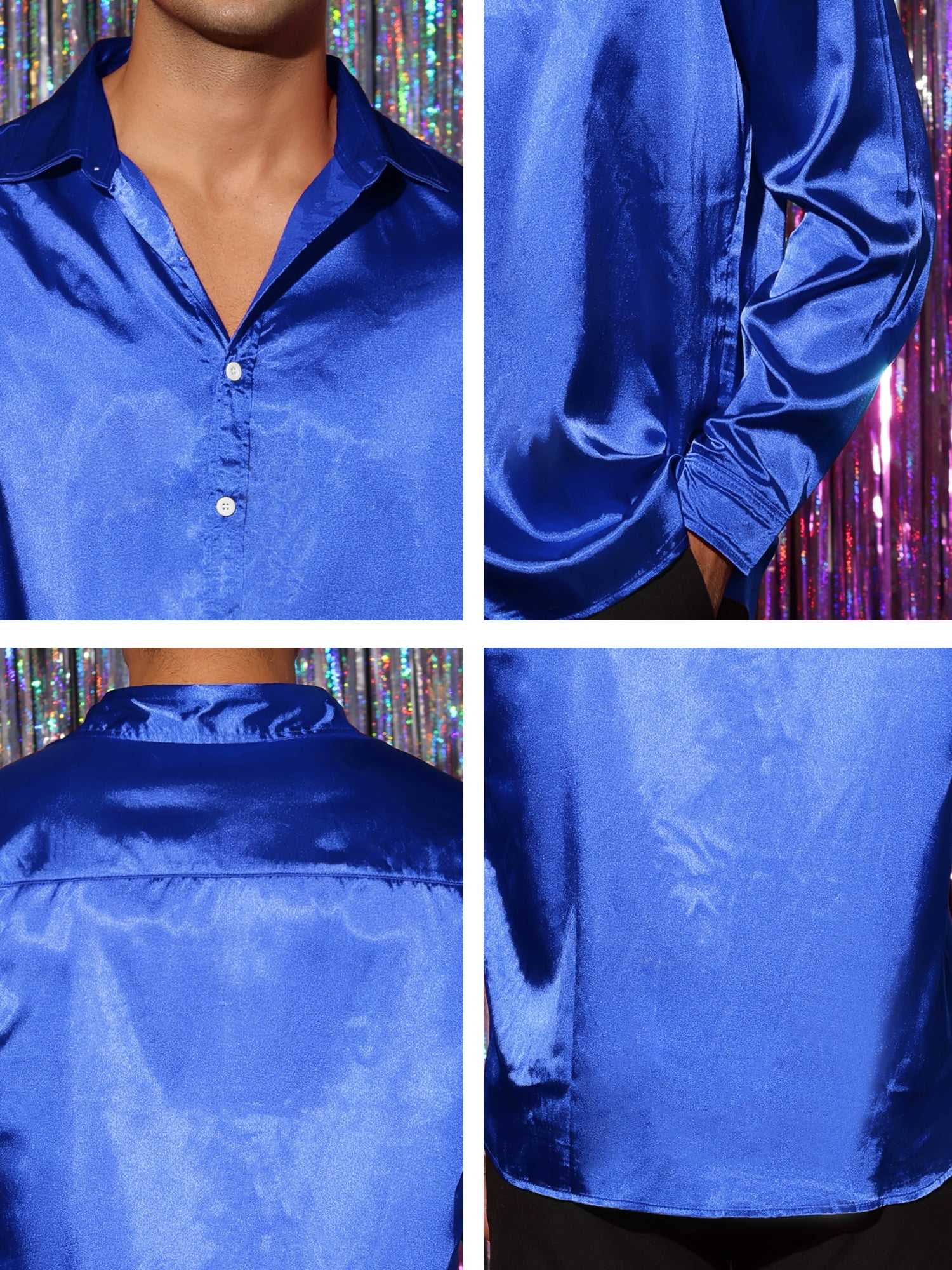 Unique Bargains Men's Satin V Neck Long Sleeves Button Down Prom Shirts XL Blue