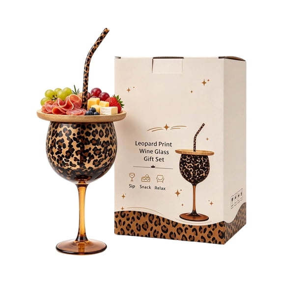 Leopard Print Stemmed Wine Glass Combo Set, Wine Glasses and Charcuterie Board Gift