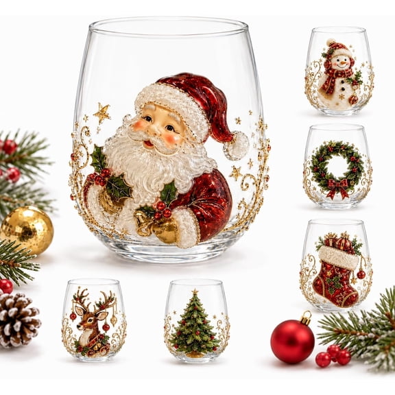 3D Christmas Glass Art Cup, Christmas Cups Stemless Wine Glasses Holiday Glassware, Xmas Party Home Festive Decor Gifts