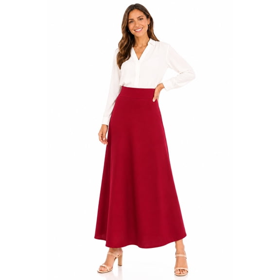 Women's Casual Solid Flare A-line Long Skirt with Elastic Waistband