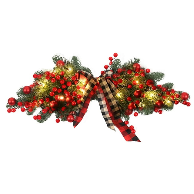 xiaxaixu Guirlande de Noël, Guirlande Lumineuse pour Porte d'Entrée avec Ruban Nœud et Baies Rouges pour la Maison
