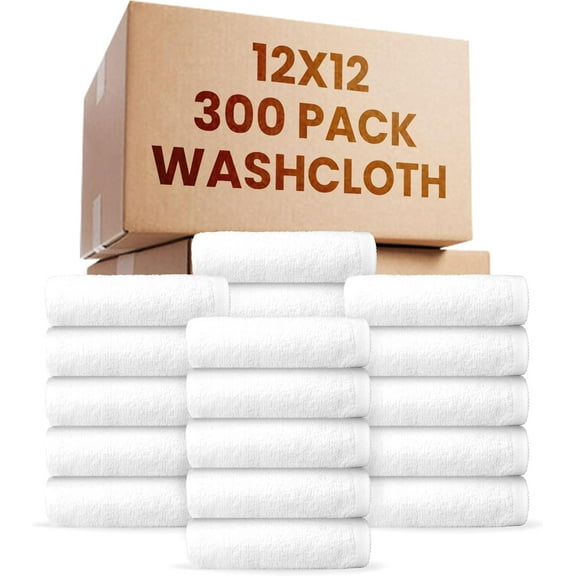 300 Pack Economy Bulk Washcloths (12x12) - White Face Cloths Bulk - Cotton Blend Cleaning Rags - Super Absorbing, Soft & Quick Drying Fingertip Towels for Hotels, Spa, Gym & Kitchen(010601)