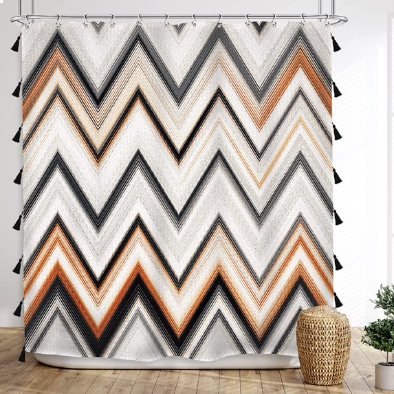 Colorful Tassel Shower Curtain Abstract Geometric Stripe Bathroom Curtains Set Modern Lines Chevron Simple Minimalist 72Wx72L Inches Bath Accessories Art Home Decor Fabric 12 Pack Hooks