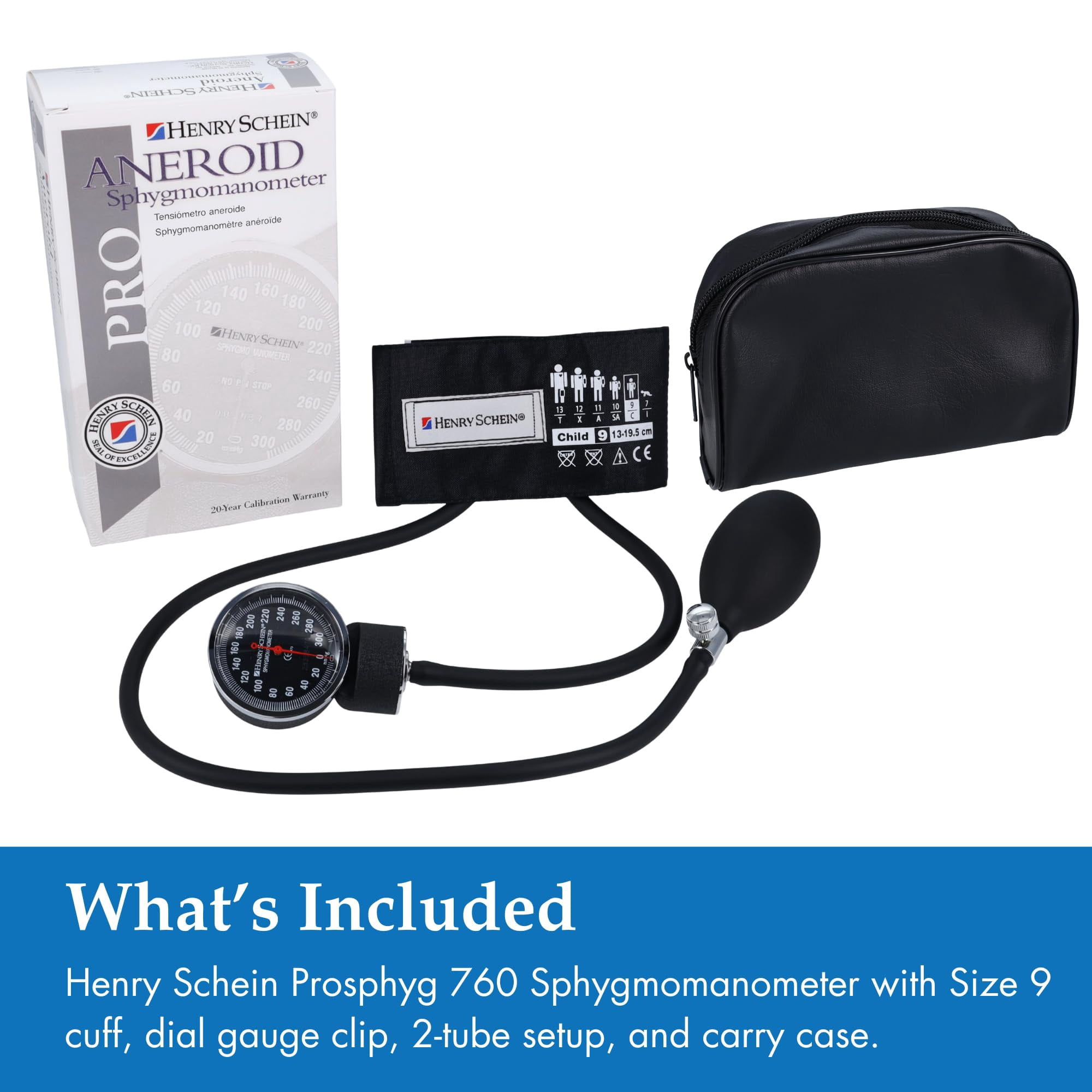 Henry Schein Prosphyg Aneroid Sphygmomanometer –Pediatric Size 9 (5.1"–7.6") Black Cuff, Manual Blood Pressure Monitor, Reusable, Dial Display, Latex-Free, Includes Leatherette Carrying Case – 1 Each