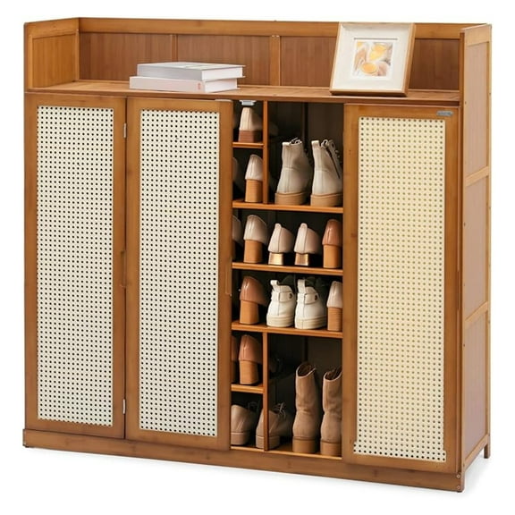 Shoe Storage Cabinet for Shoes and Boots, Freestanding Boho Bamboo Shoe Cabinet for Entryway with Rattan Pattern Doors for Living Room, Bedroom, and Garage, Brown