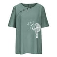 thumbnail image 5 of Scyoekwg Summer Tops for Women Trendy Cotton Linen Short Sleeve T Shirts Casual Round Neck Button Dandelion Print Graphic Shirts Loose Fit Blouses Tunic (#D=Green,S), 5 of 6