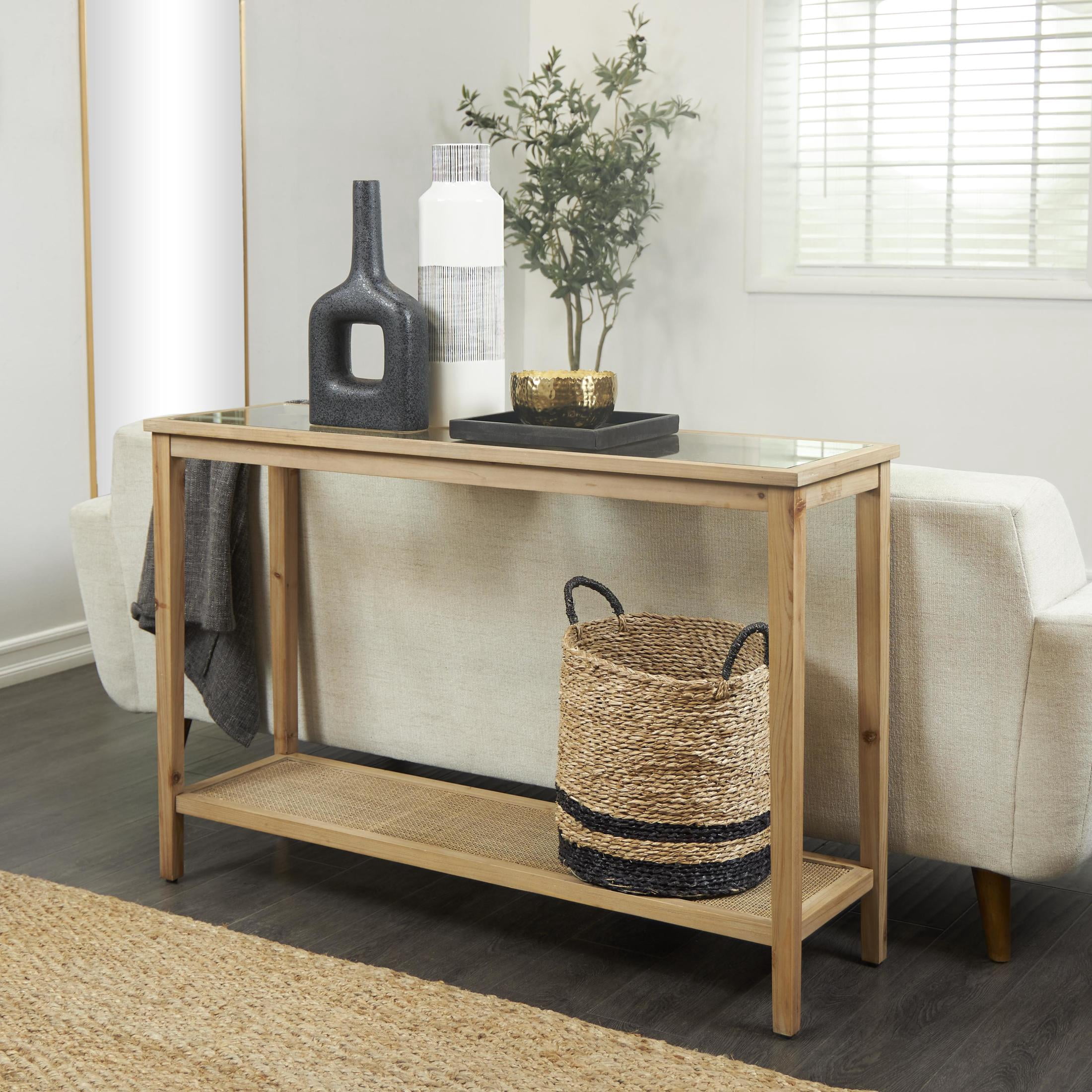 DecMode 47" x 32" Brown Wood Slim Natural Console Table with Glass Top and Rattan Shelf, 1-Piece