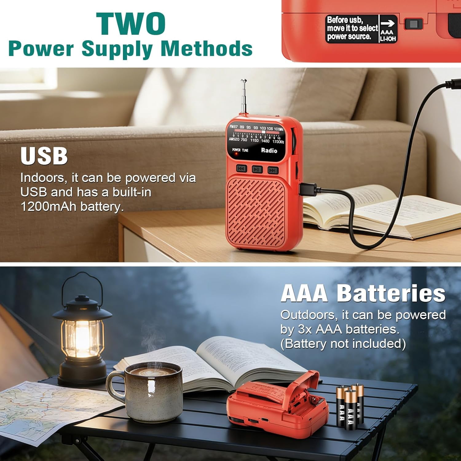 Portable Radio AM FM,Mini Tansistor Radio,Pocket Radio with Flashlight,Tuning Knob,TF Card Slot,Headphone Jack, 3AA Battery Operated or Plug in Wall,Compact Personal Radios for Gift,Family,Elder,Red