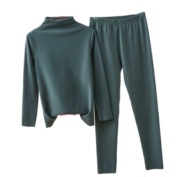 Sonducket Ropa interior térmica de algodón grueso para mujer, pijama adelgazante, traje de cuello medio alto, camisa cálida, Top cálido, pantalones, conjuntos de ropa Verde oscuro SG Sonducket AP013788-23