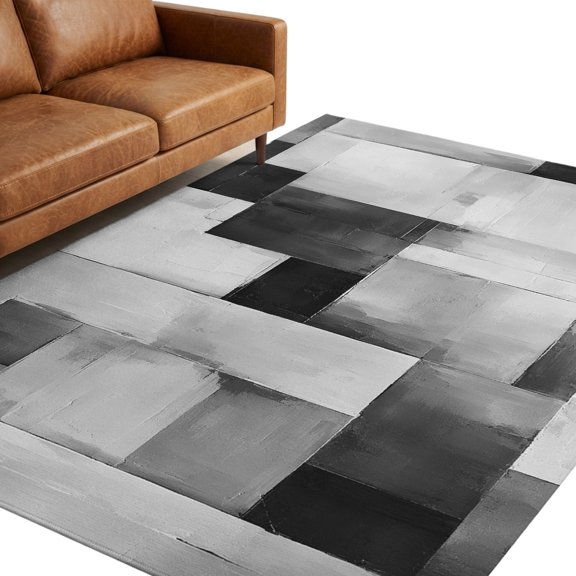 Abstract Block Area Rug 5x7ft Minimalist Black Gray Rectangular Color Patches Non-Slip Washable Rectangle Rugs Soft Felt Indoor Floor Mat for Bedroom Kitchen Living Room Bathroom