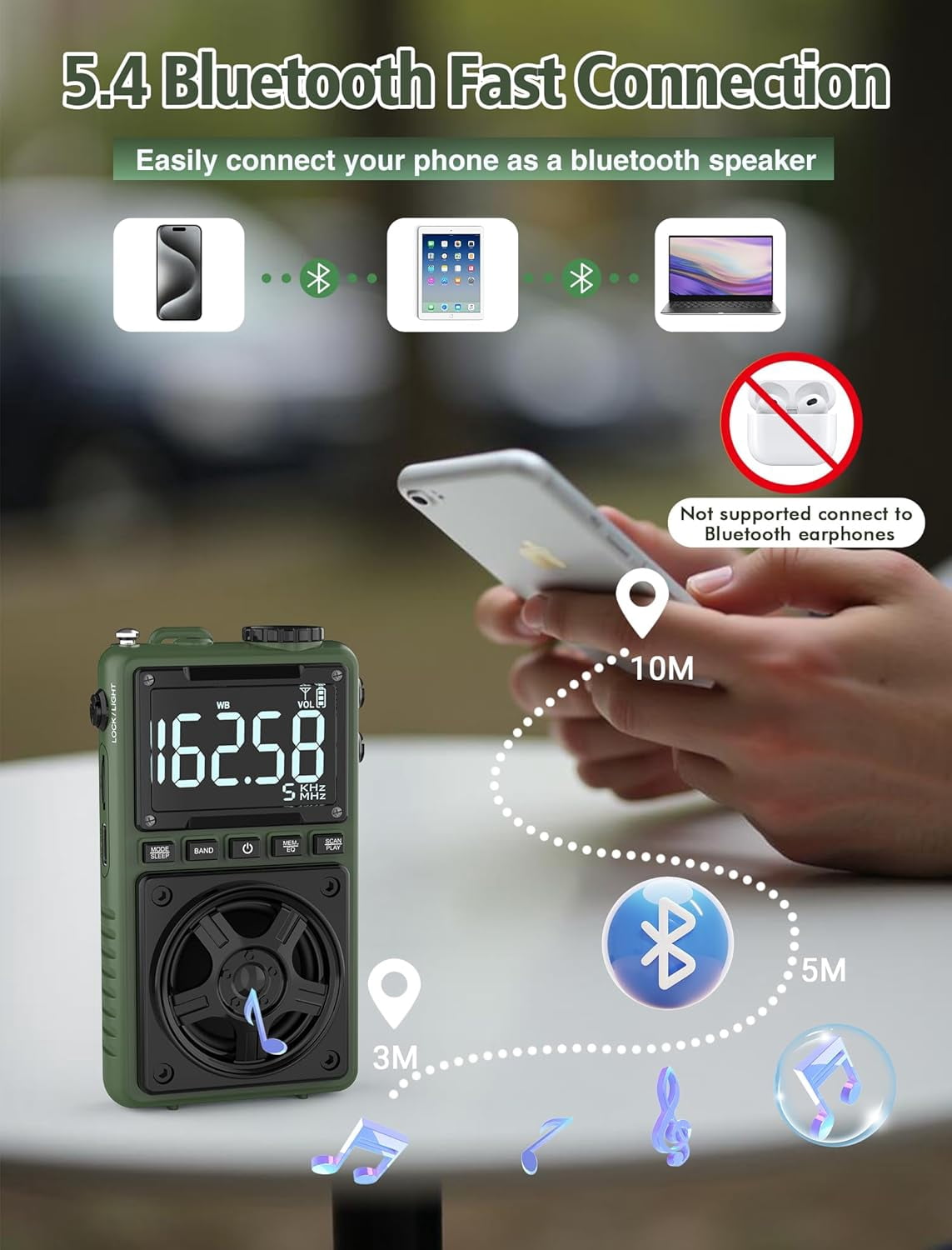 Greadio Bluetooth Rechargeable AM FM Radio with NOAA Weather Alert,Portable Pocket Radio with Best Reception, Portable Radio with Bluetooth for Outdoor, Home