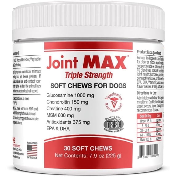PHS Joint MAX Triple Strength (TS) Soft Chews for Dogs - Glucosamine, Chondroitin, MSM, Turmeric, Omega 3 - Hip and Joint Pain Relief and Support for Dogs - Made in USA - 30 Soft Chews