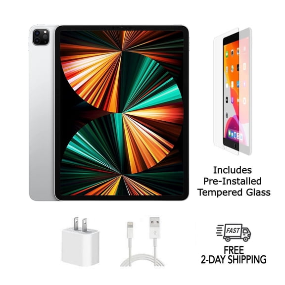 Pre-Owned Apple iPad Pro 12.9" (5th Gen) A2379 (WiFi Cellular Unlocked) 256GB Silver Bundle with Pre-Installed Tempered Glass